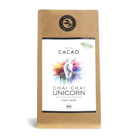 Verpackung für Chai Chai Unicorn Kakao mit buntem, schillerndem Design.